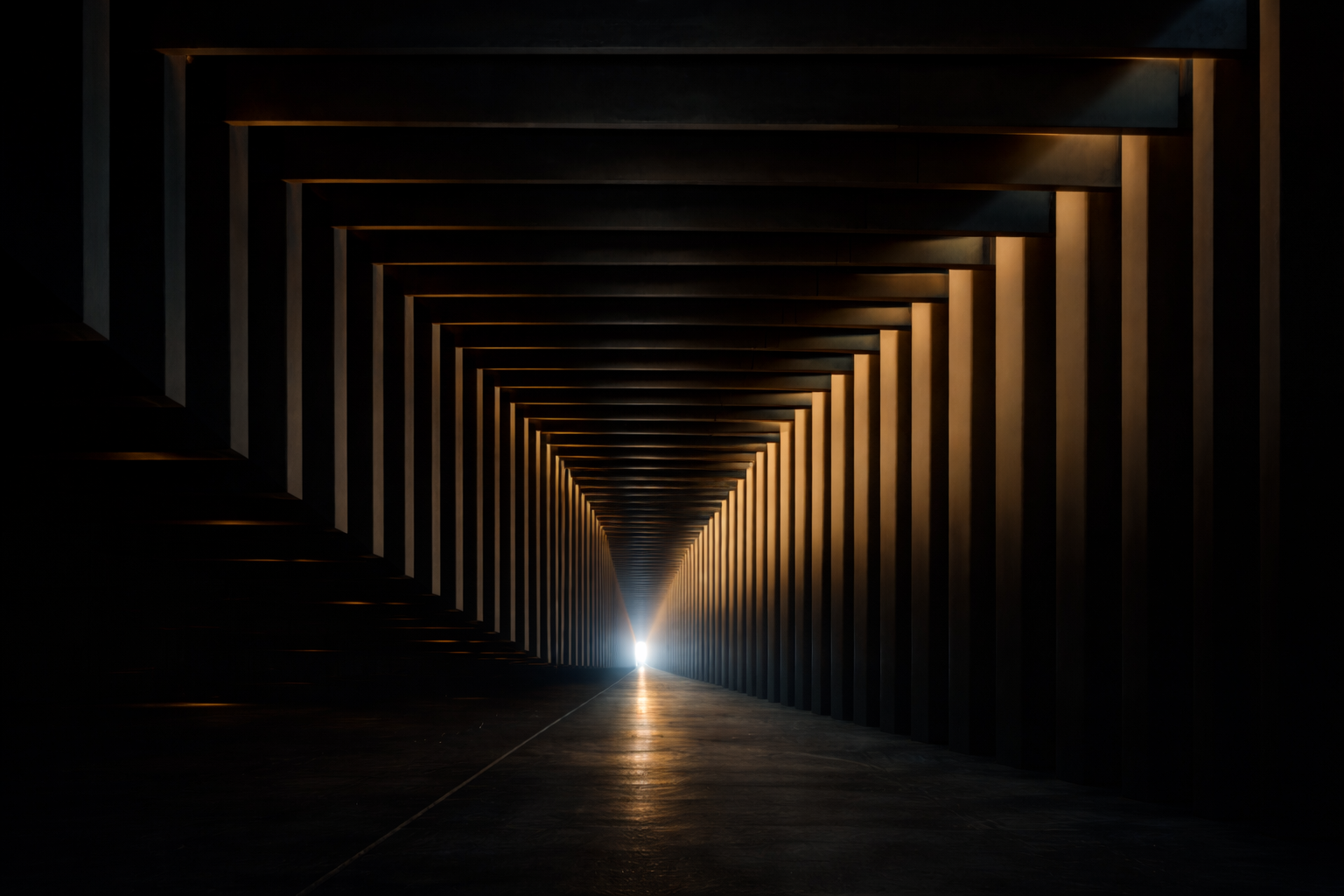 Abstract architectural corridor pattern with central light, wide hero background